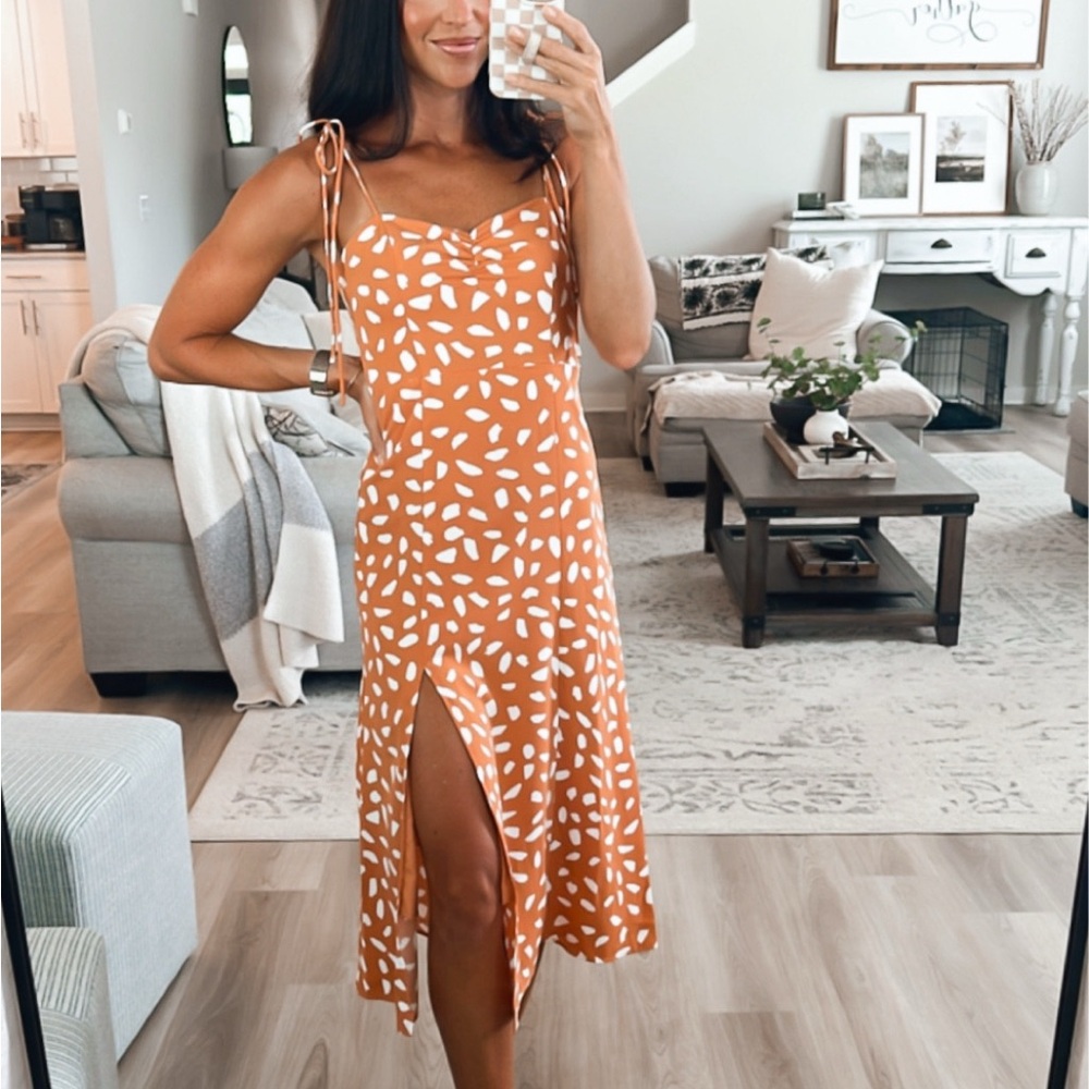 Lulu's Terracotta Midi Dress with White Leaf Pattern